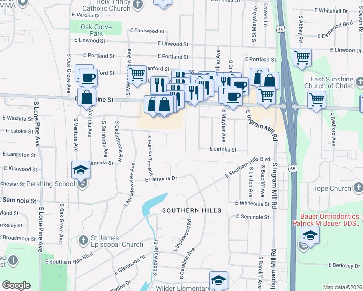 map of restaurants, bars, coffee shops, grocery stores, and more near 1939 South Plaza Avenue in Springfield