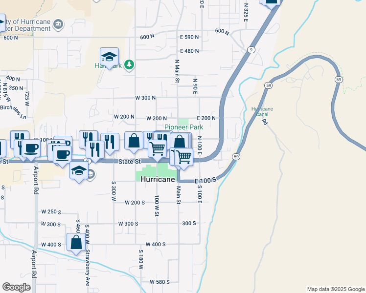 map of restaurants, bars, coffee shops, grocery stores, and more near 60 N Main St in Hurricane