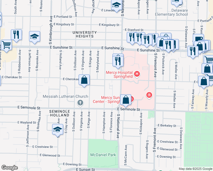 map of restaurants, bars, coffee shops, grocery stores, and more near 2014 South Hampton Avenue in Springfield