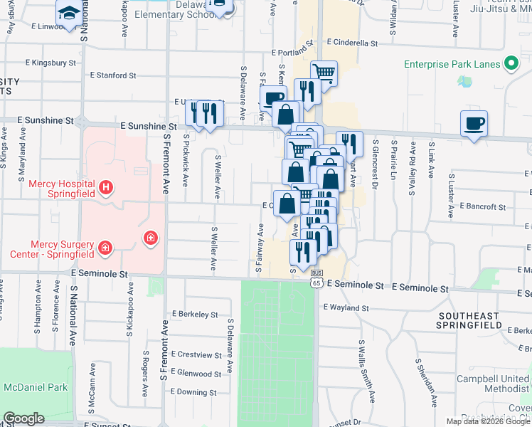 map of restaurants, bars, coffee shops, grocery stores, and more near 2014 South Fairway Avenue in Springfield