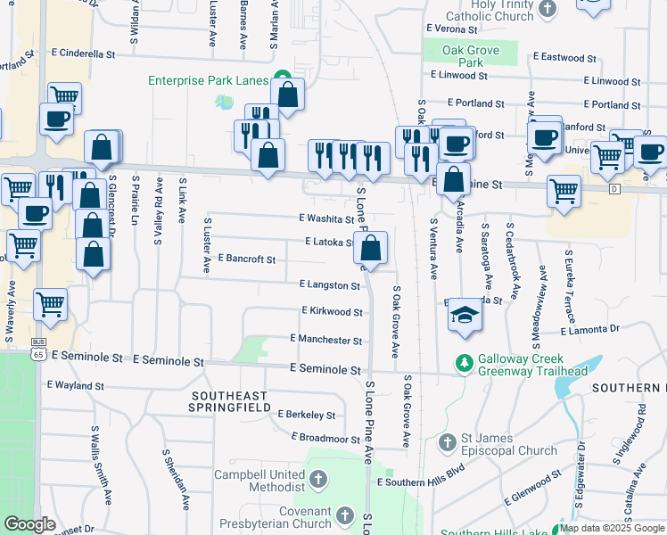 map of restaurants, bars, coffee shops, grocery stores, and more near 2400 E Bancroft St in Springfield