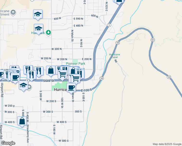 map of restaurants, bars, coffee shops, grocery stores, and more near 65 North State Street in Hurricane
