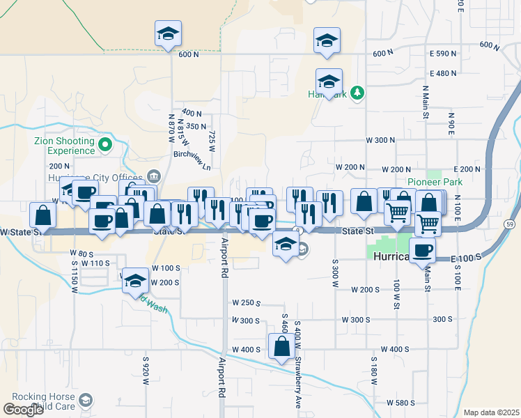 map of restaurants, bars, coffee shops, grocery stores, and more near 68 North 520 West in Hurricane