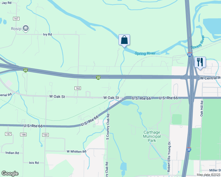 map of restaurants, bars, coffee shops, grocery stores, and more near Owe Lane in Carthage