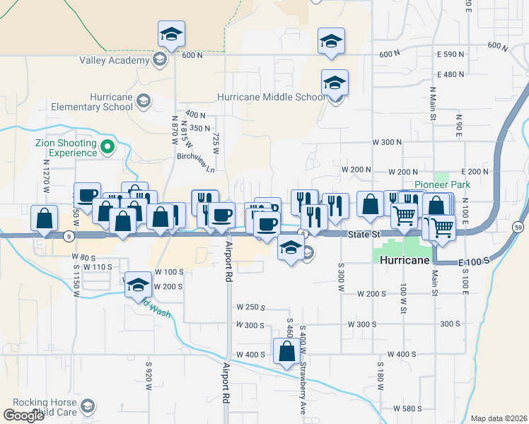 map of restaurants, bars, coffee shops, grocery stores, and more near 68 North 520 West in Hurricane