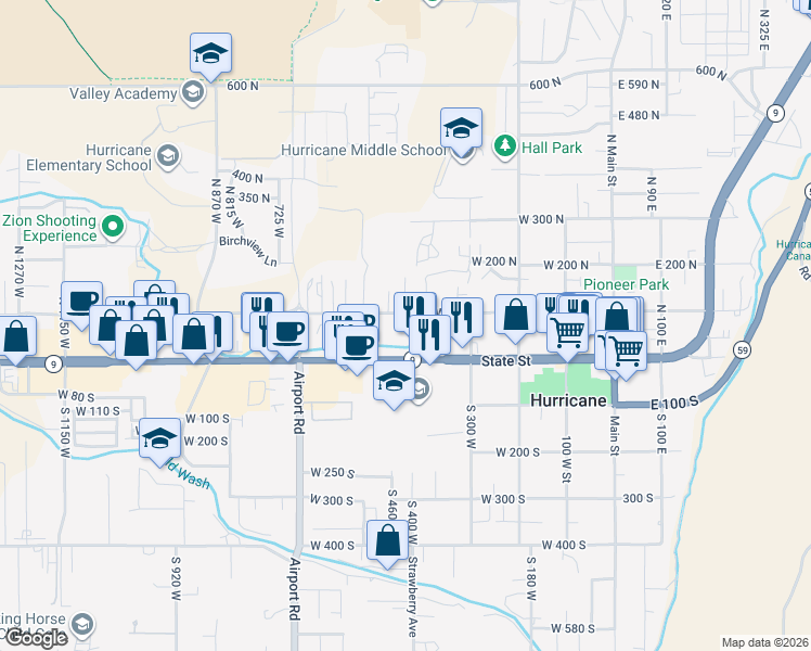 map of restaurants, bars, coffee shops, grocery stores, and more near 427 West 100 North in Hurricane