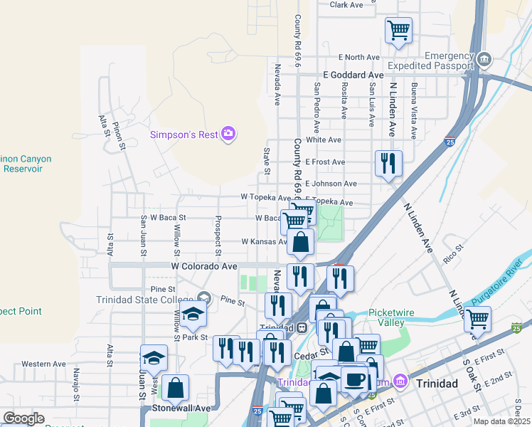 map of restaurants, bars, coffee shops, grocery stores, and more near 213 West Baca Street in Trinidad