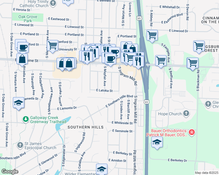 map of restaurants, bars, coffee shops, grocery stores, and more near 1961 South Saint Charles Avenue in Springfield