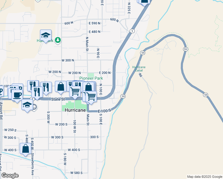 map of restaurants, bars, coffee shops, grocery stores, and more near 65 North State Street in Hurricane
