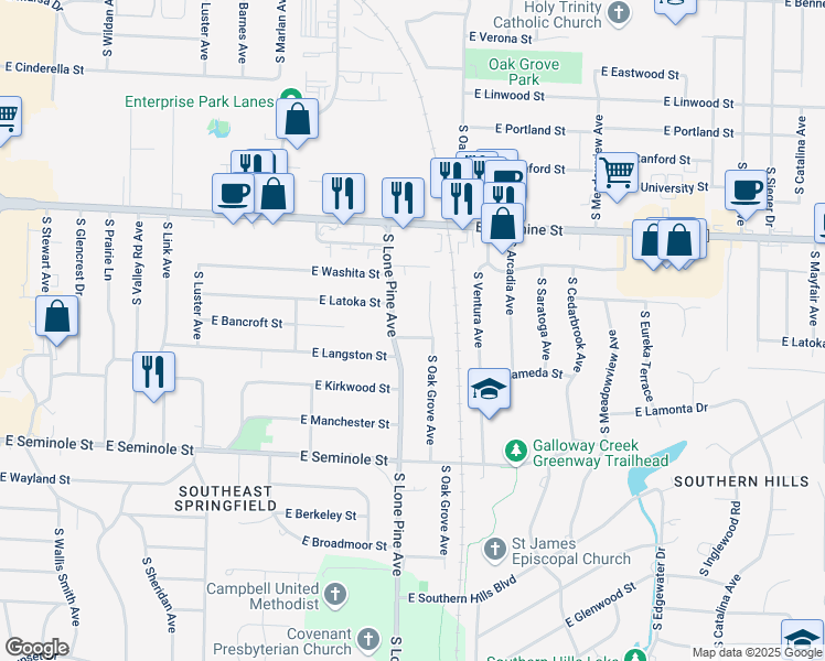 map of restaurants, bars, coffee shops, grocery stores, and more near 2519 East Cherokee Street in Springfield