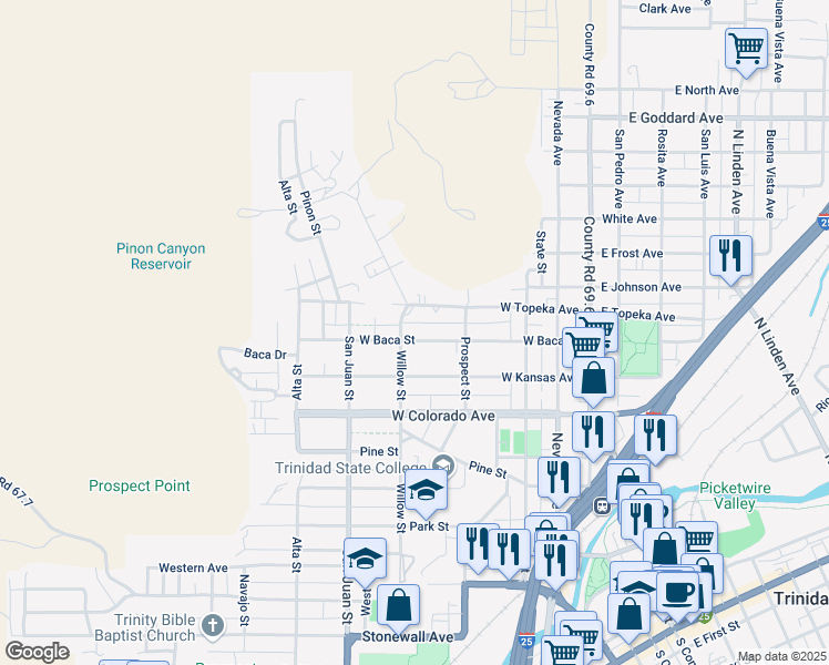 map of restaurants, bars, coffee shops, grocery stores, and more near 615 West Baca Street in Trinidad