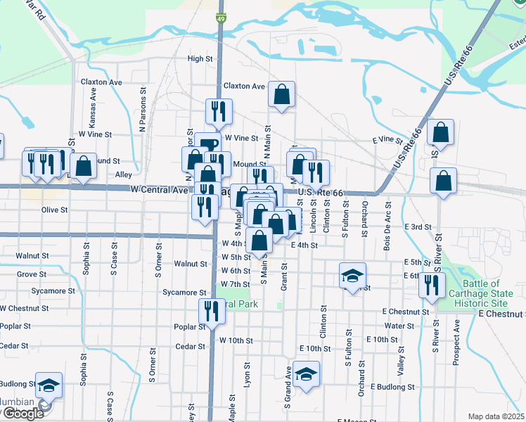 map of restaurants, bars, coffee shops, grocery stores, and more near 116 West 2nd Street in Carthage
