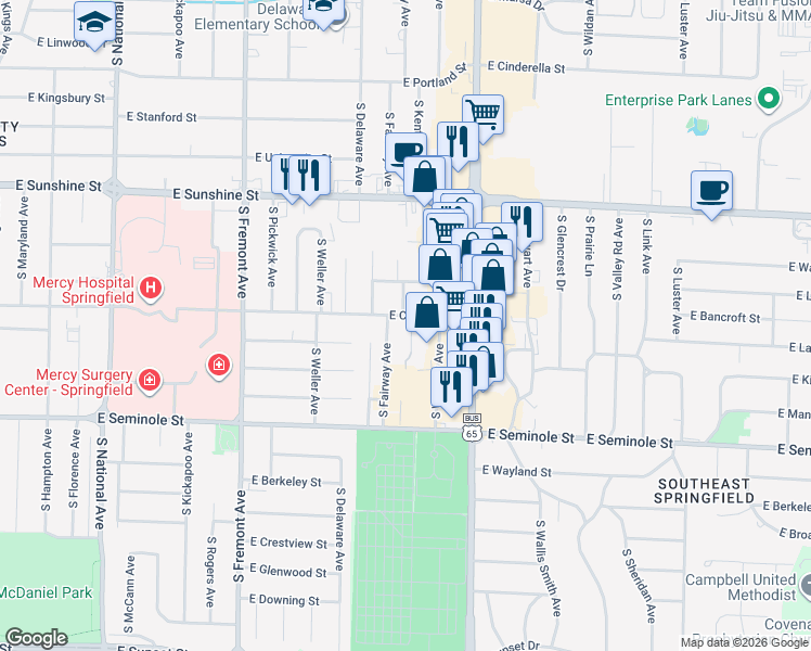 map of restaurants, bars, coffee shops, grocery stores, and more near 2014 South Fairway Avenue in Springfield