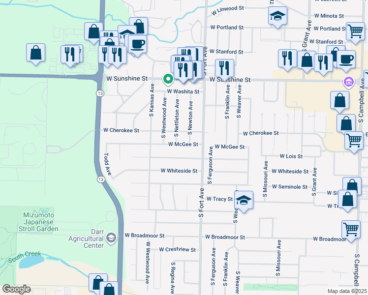 map of restaurants, bars, coffee shops, grocery stores, and more near 1420 West McGee Street in Springfield