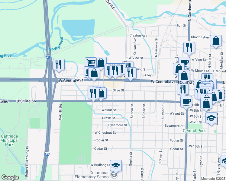 map of restaurants, bars, coffee shops, grocery stores, and more near 200 Center Street in Carthage