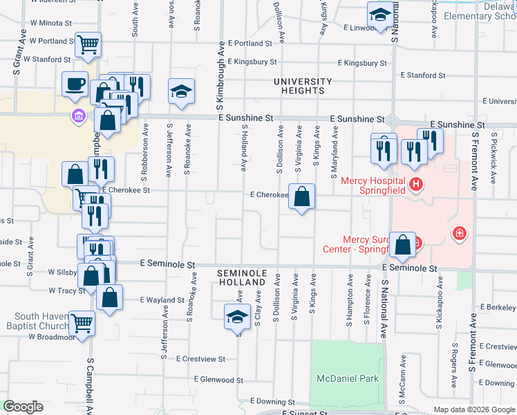 map of restaurants, bars, coffee shops, grocery stores, and more near 2022 Windsor Drive in Springfield