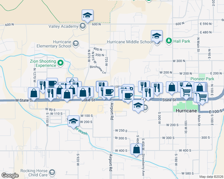 map of restaurants, bars, coffee shops, grocery stores, and more near West 50 North in Hurricane