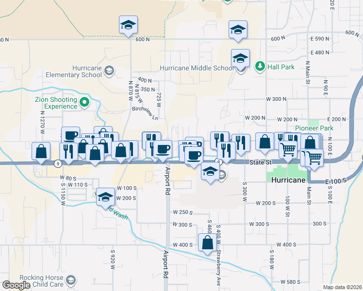 map of restaurants, bars, coffee shops, grocery stores, and more near 677 West 100 North in Hurricane