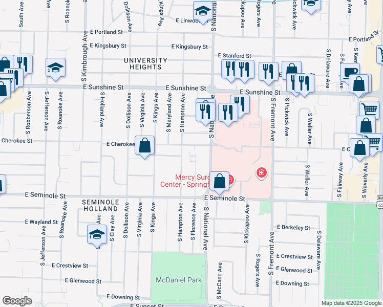 map of restaurants, bars, coffee shops, grocery stores, and more near 2014 South Hampton Avenue in Springfield