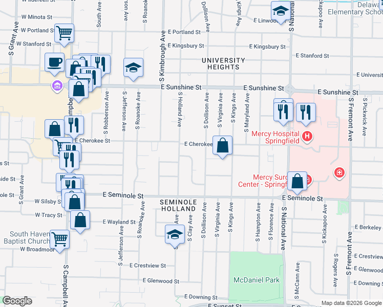 map of restaurants, bars, coffee shops, grocery stores, and more near 2022 Windsor Drive in Springfield