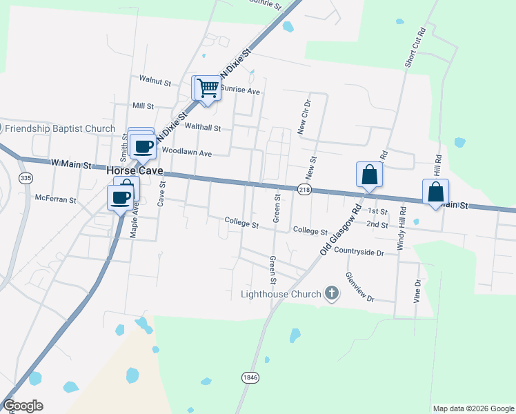 map of restaurants, bars, coffee shops, grocery stores, and more near 110 Green Street in Horse Cave