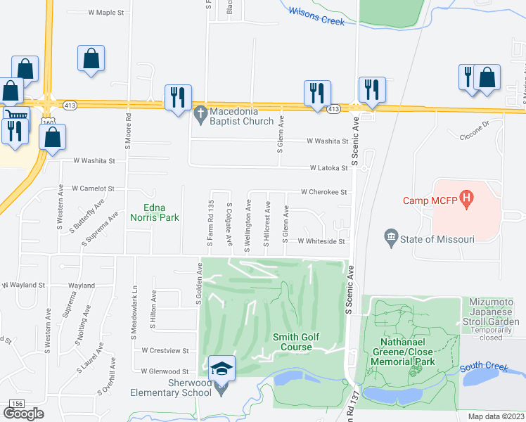 map of restaurants, bars, coffee shops, grocery stores, and more near 2053 South Hillcrest Avenue in Springfield