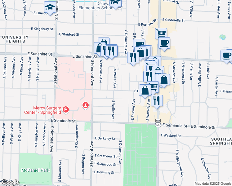 map of restaurants, bars, coffee shops, grocery stores, and more near 2020 South Weller Avenue in Springfield