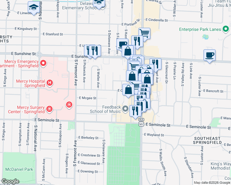 map of restaurants, bars, coffee shops, grocery stores, and more near 2014 South Fairway Avenue in Springfield