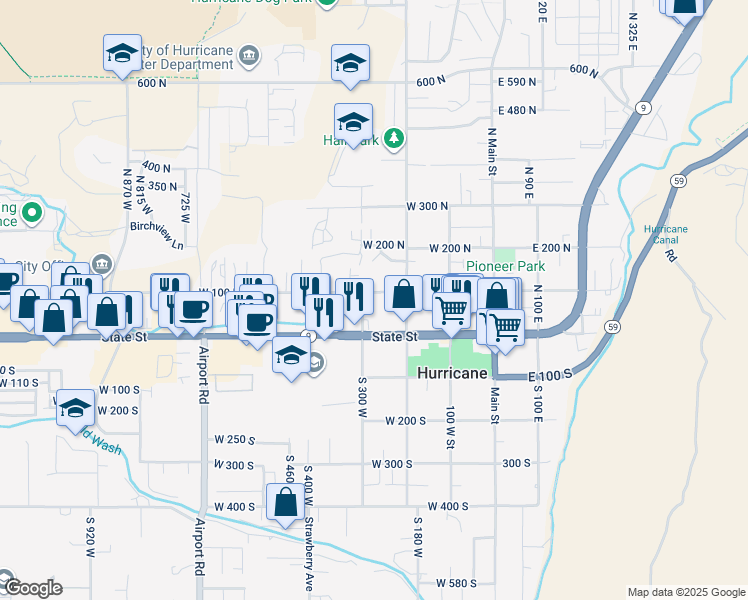map of restaurants, bars, coffee shops, grocery stores, and more near 273 West 100 North in Hurricane