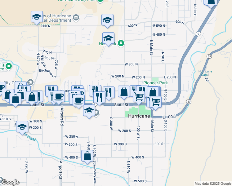 map of restaurants, bars, coffee shops, grocery stores, and more near 265 West 100 North in Hurricane
