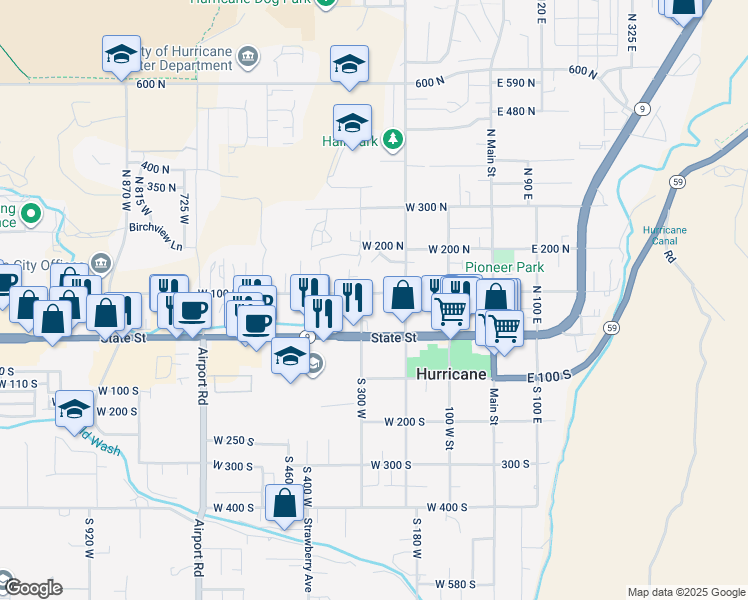 map of restaurants, bars, coffee shops, grocery stores, and more near 273 West 100 North in Hurricane
