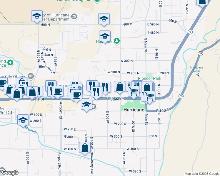 map of restaurants, bars, coffee shops, grocery stores, and more near 50 300 West in Hurricane