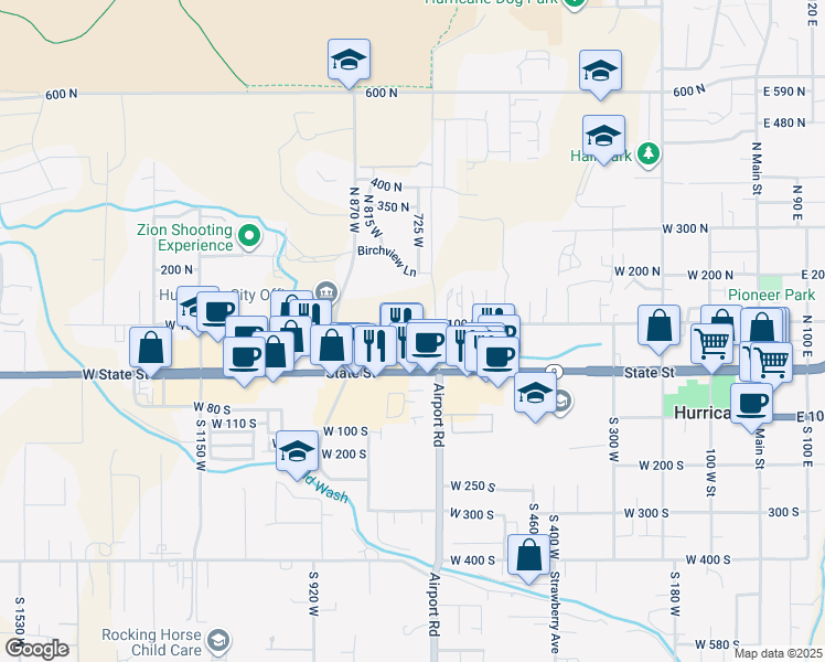 map of restaurants, bars, coffee shops, grocery stores, and more near 77 North 700 West in Hurricane