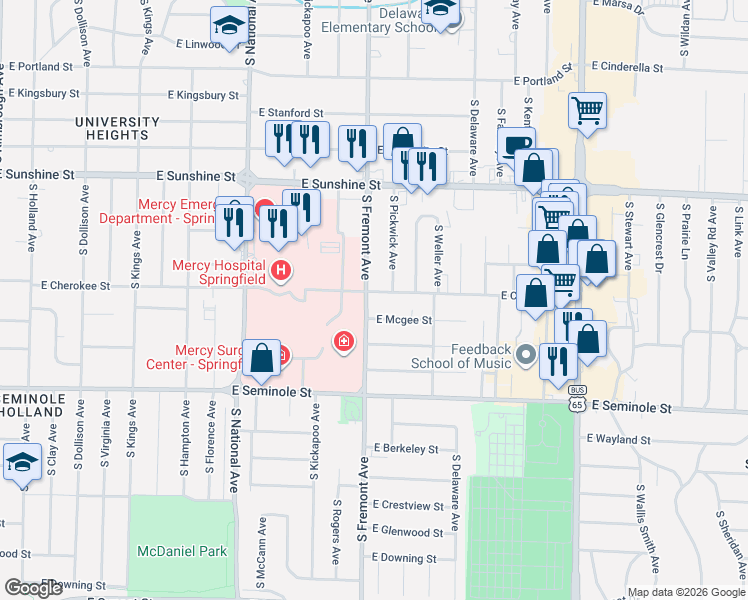map of restaurants, bars, coffee shops, grocery stores, and more near 1406 East Cherokee Street in Springfield