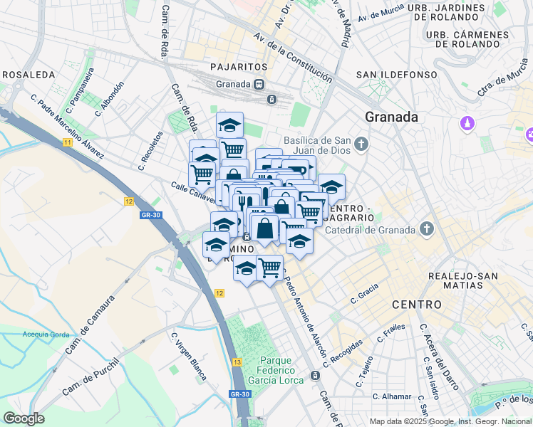 map of restaurants, bars, coffee shops, grocery stores, and more near 6 Calle Pintor Rodríguez Acosta in Granada