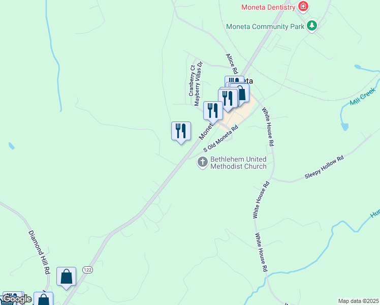 map of restaurants, bars, coffee shops, grocery stores, and more near Moneta Road in Moneta