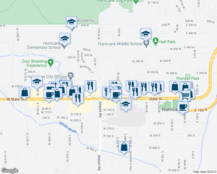 map of restaurants, bars, coffee shops, grocery stores, and more near 677 West 100 North in Hurricane