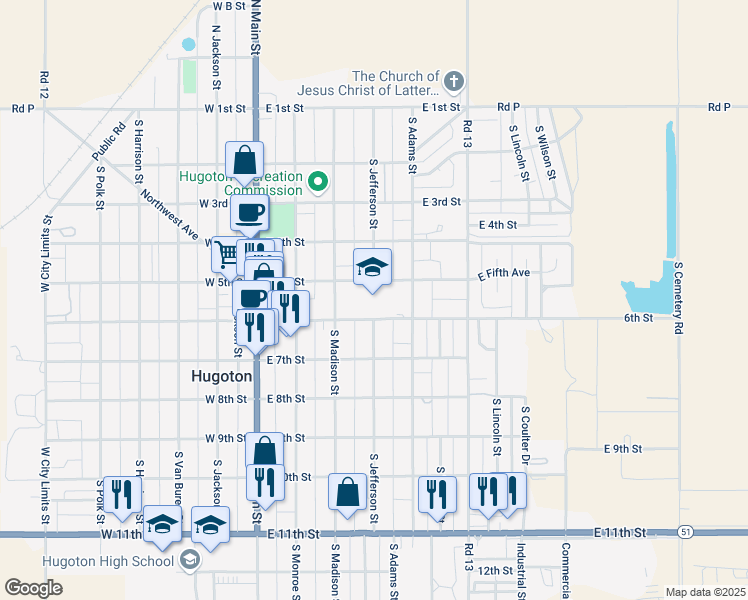 map of restaurants, bars, coffee shops, grocery stores, and more near 400 East 6th Street in Hugoton