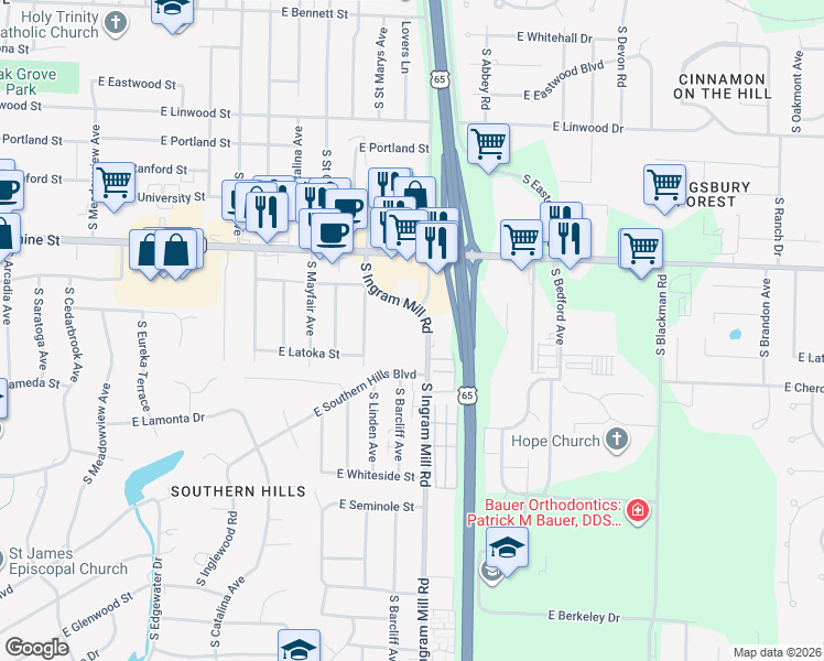 map of restaurants, bars, coffee shops, grocery stores, and more near 1925 South Ingram Mill Road in Springfield