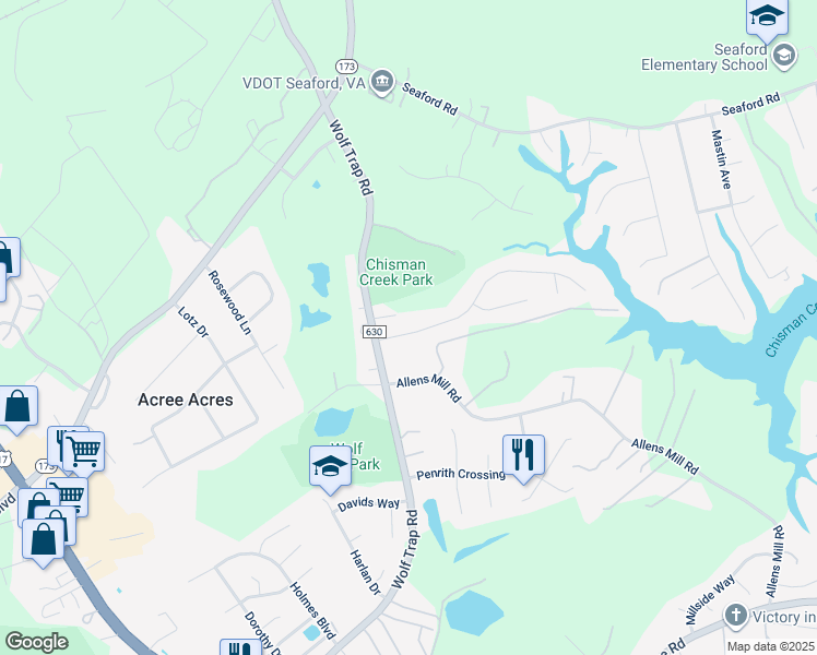 map of restaurants, bars, coffee shops, grocery stores, and more near 102 Barcroft Drive in Yorktown