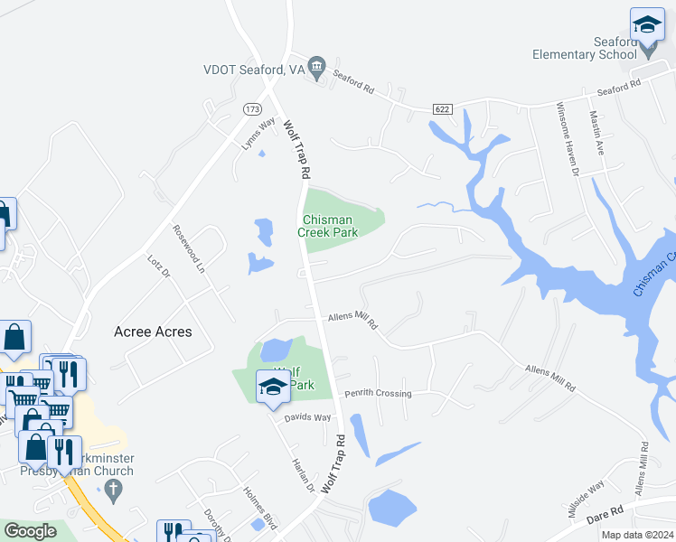 map of restaurants, bars, coffee shops, grocery stores, and more near 102 Barcroft Drive in Yorktown