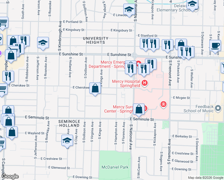 map of restaurants, bars, coffee shops, grocery stores, and more near 1026 East Mcgee Street in Springfield