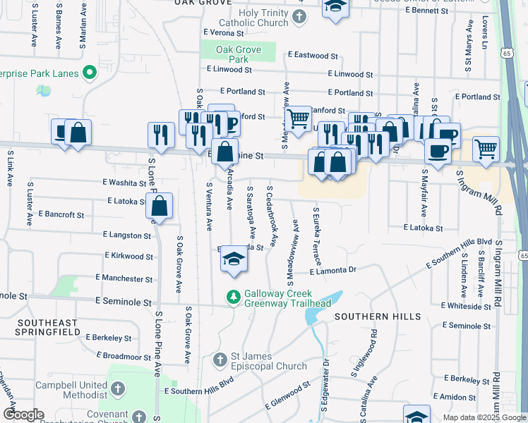 map of restaurants, bars, coffee shops, grocery stores, and more near 1971 South Cedarbrook Avenue in Springfield