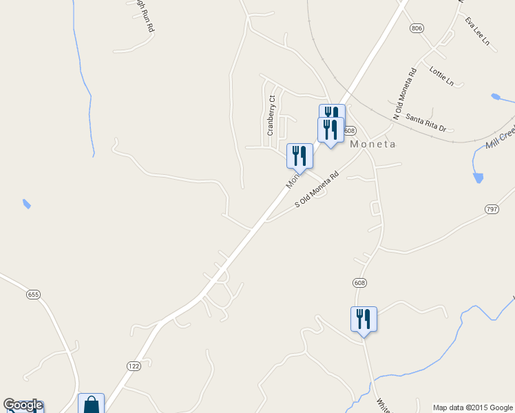 map of restaurants, bars, coffee shops, grocery stores, and more near 13641 Moneta Road in Moneta
