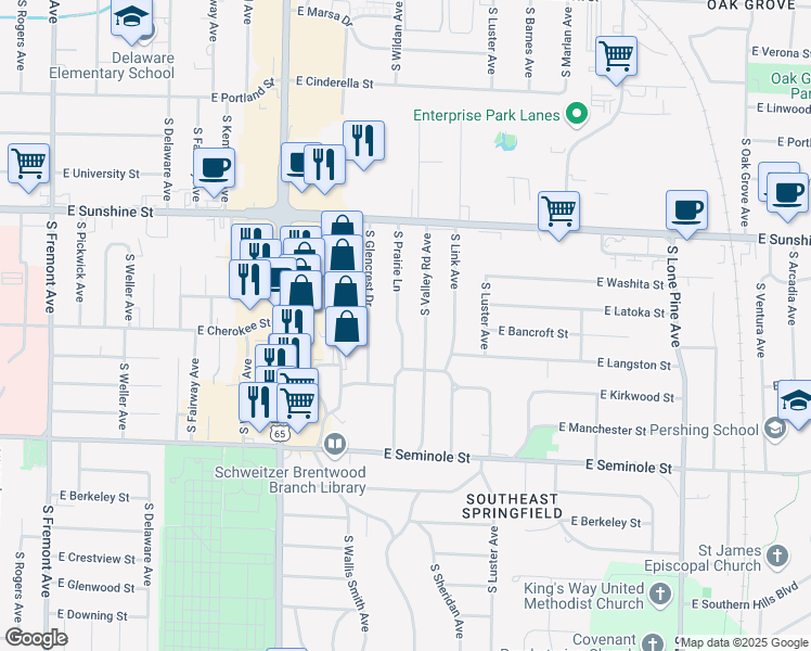 map of restaurants, bars, coffee shops, grocery stores, and more near 1954 South Prairie Lane in Springfield