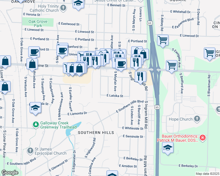 map of restaurants, bars, coffee shops, grocery stores, and more near 1956 South Bruce Avenue in Springfield