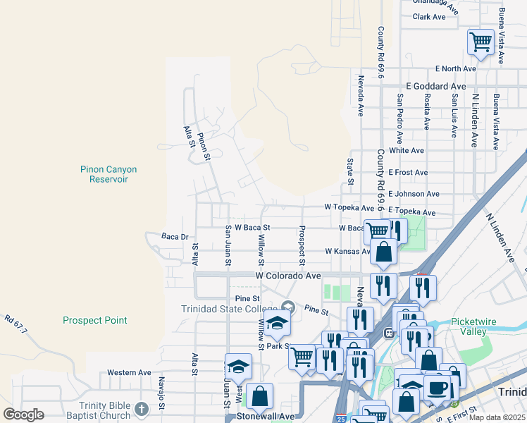 map of restaurants, bars, coffee shops, grocery stores, and more near 615 West Baca Street in Trinidad