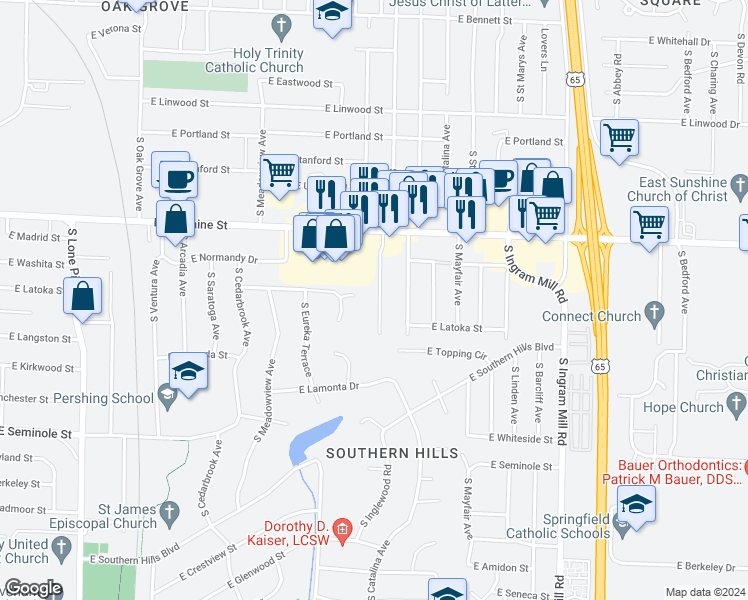 map of restaurants, bars, coffee shops, grocery stores, and more near 1915 South Plaza Avenue in Springfield