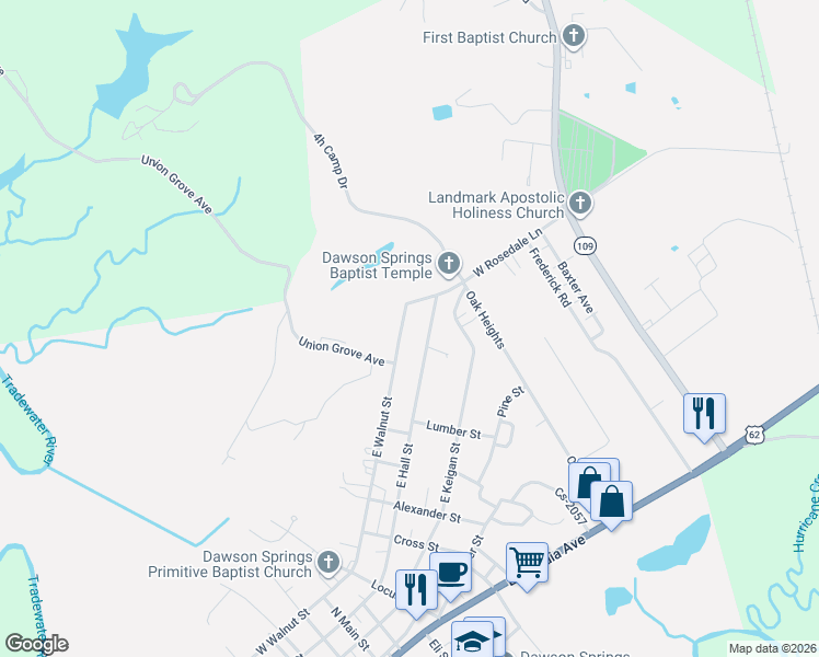 map of restaurants, bars, coffee shops, grocery stores, and more near 802-804 East Walnut Street in Dawson Springs