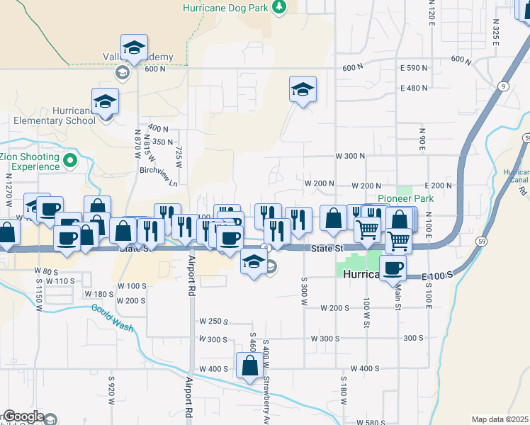 map of restaurants, bars, coffee shops, grocery stores, and more near 420 West 100 North in Hurricane